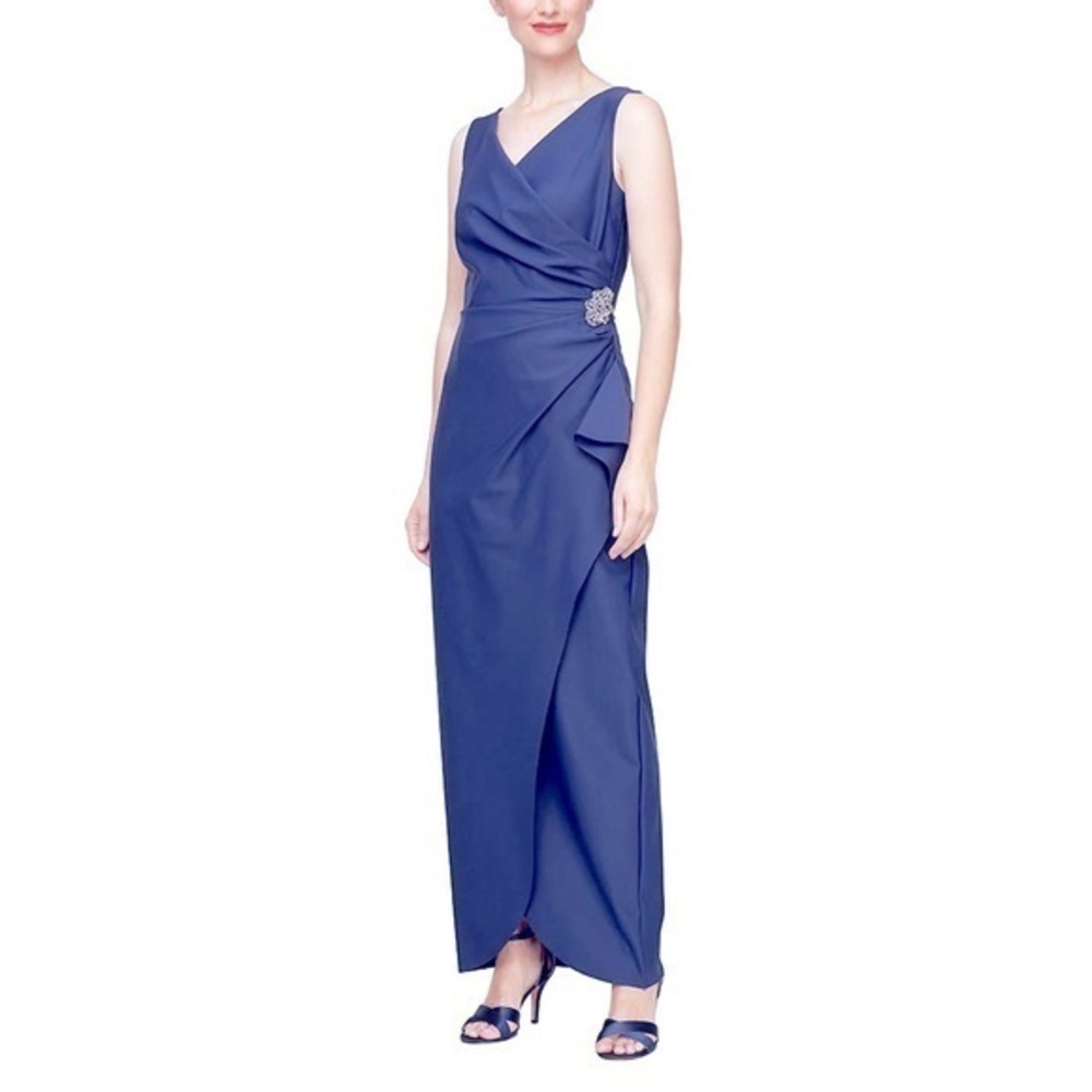 Alex Evenings Long Sleeveless Compression Sheath Gown Surplice Neckline Indigo